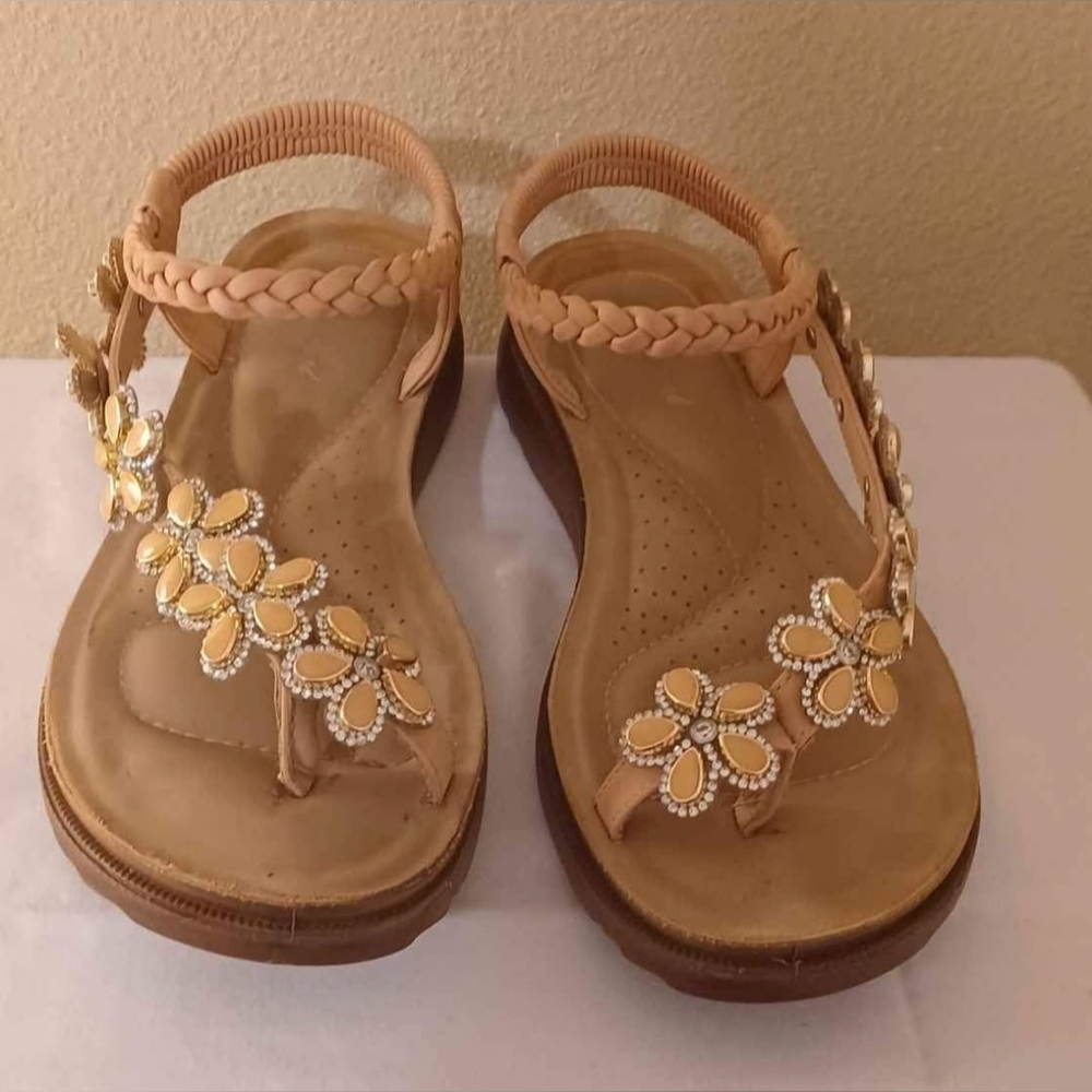 Beige Sandals with Floral Embellishments